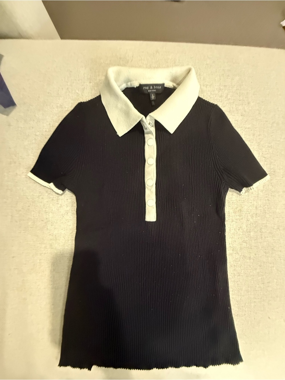 rag & bone Black Short-Sleeve Knit Polo with White Trim